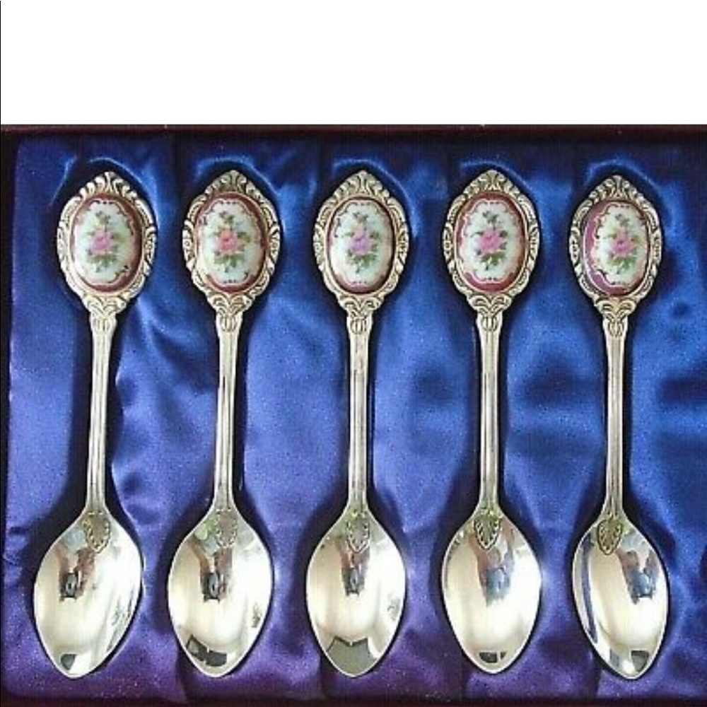 Vintage Porcelain Pink Roses Medallion Silver Plate 5 5 1/8" Coffee Spoons Korea